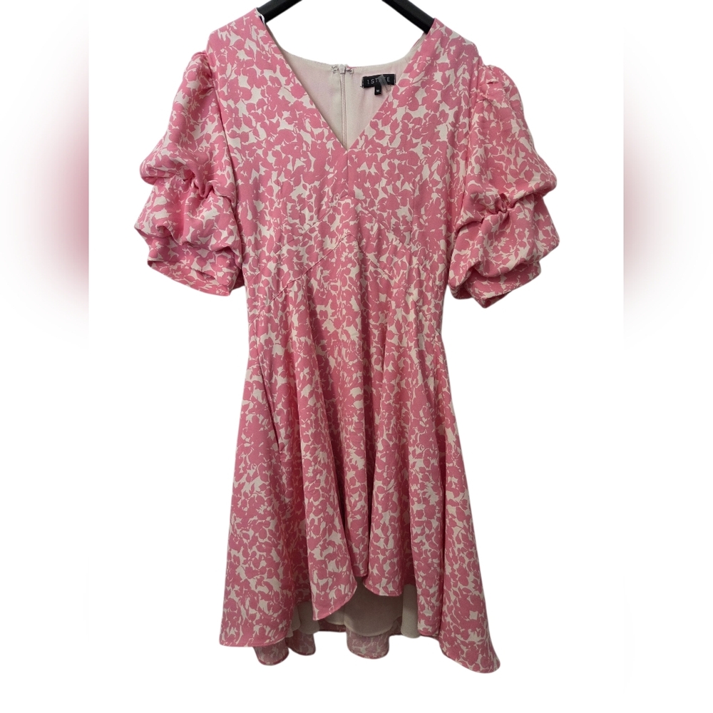 1.STATE Women's Dress Sz M Floral-Print Bubble-Sleeve Pink Barbiecore Feminine